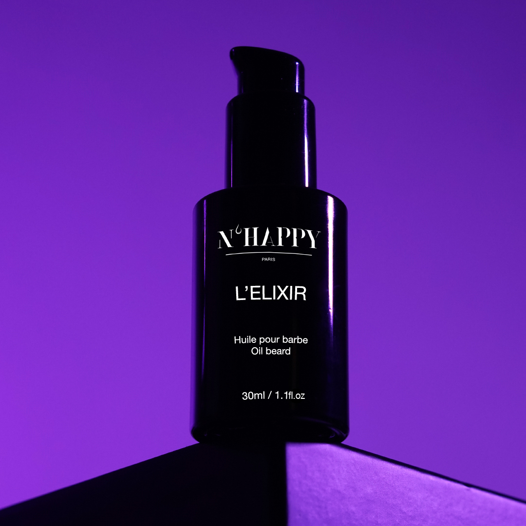 Flacon premium d’huile de barbe bio Nhappy en verre violet